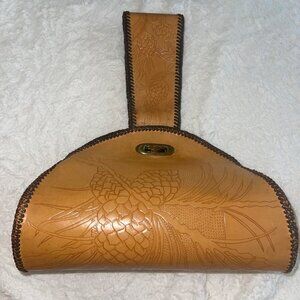 Vintage Womens Shoulder Bag Tooled Leather Pine Cone Pattern Wide Strap